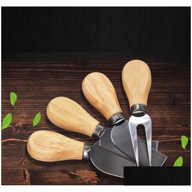 100sets 4pcs/set stainless steel cheese knives oak handle butter knife kit kitchen cheese tools wen6003