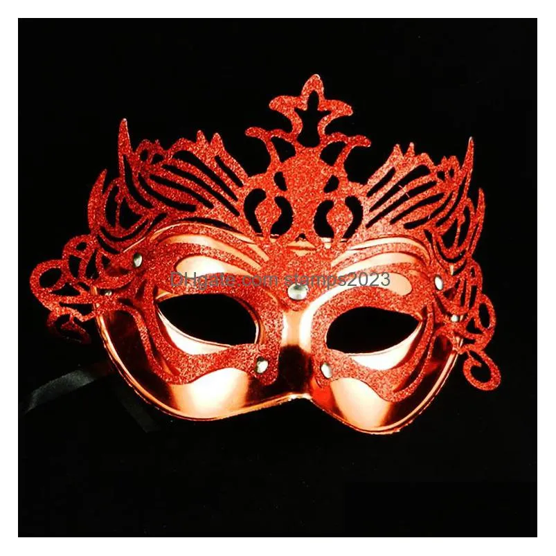 Party Masks 8 Colors Fashion Women Hallowmas Electroplating Gold Crown Venetian Eye Mask With Powder Masquerade Easter Drop Delivery Dhvtw