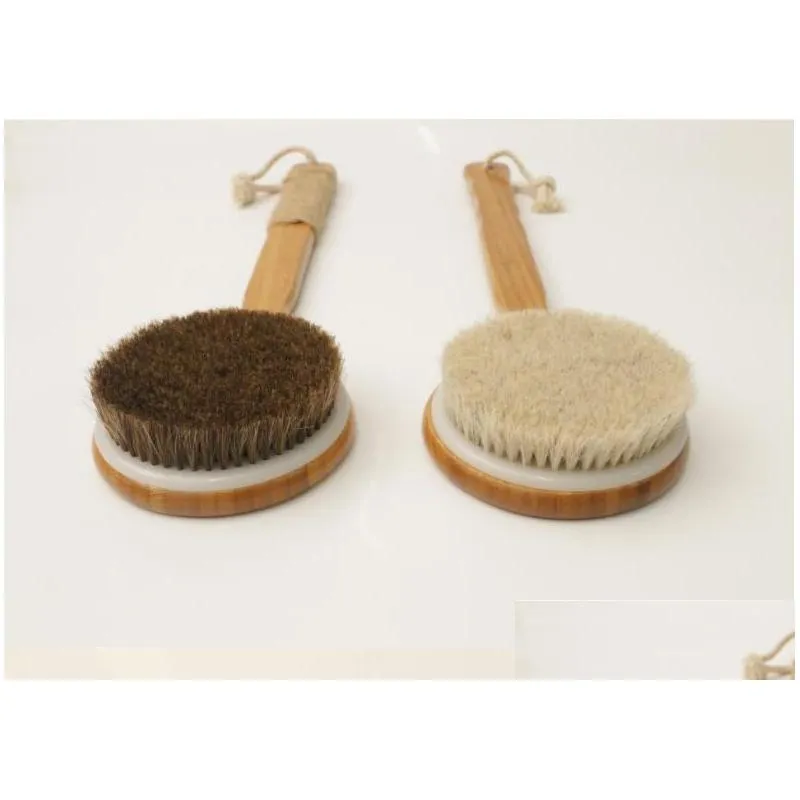 Bath Brushes, Sponges & Scrubbers Natural Horsehair Dry Skin Body Brush Back Scrubber Remove Dead With Bamboo Handle Spa Mas Drop Deli Dhnat