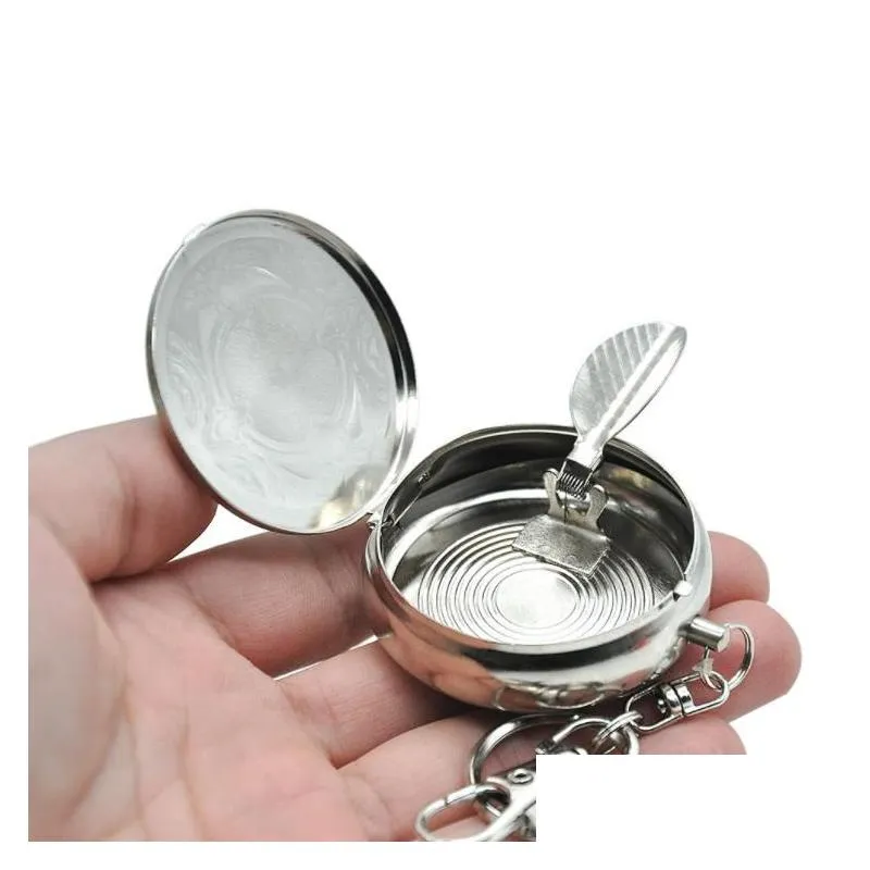 100pcs portable pocket stainless steel round cigarette ashtray key chain with keychain ring dhs fedex sn2303