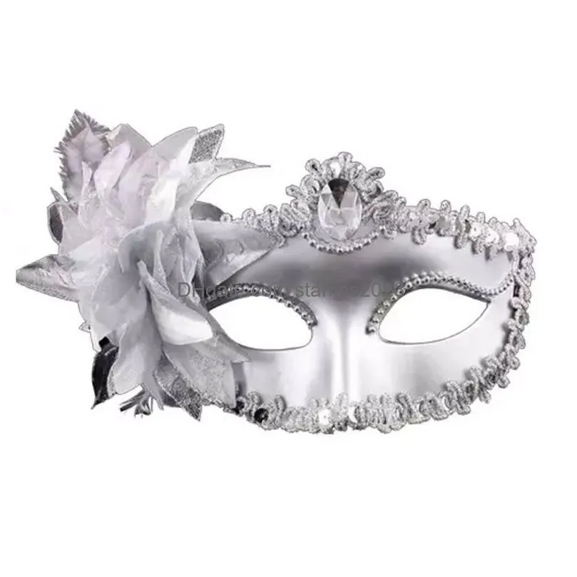 Party Masks Fashion Women Y Mask Hallowmas Venetian Eye Masquerade Masks With Flower Feather Easter Dance Party Holiday Drop Drop Deli Dhiwv