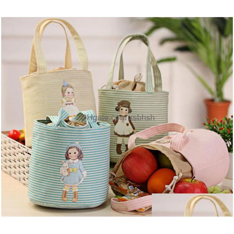 wholesale cute canvas cartoon girl lunch bags portable storage bags thicker insulation bags handbags waterproof