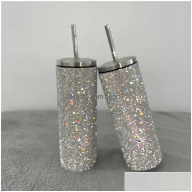 20oz bling diamond thermos bottle coffee cup with straw stainless steel water bottle tumblers mug girl women gift 211020326x