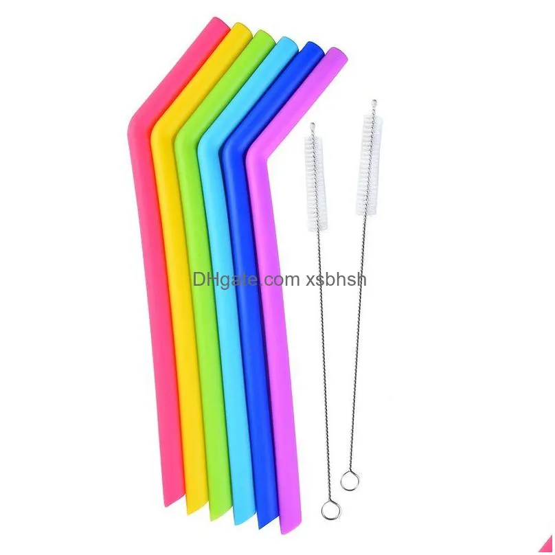 100sets 6pcs bent straws with 2pcs brush reusable silicone drinking straw children fruit juice milk tea straw