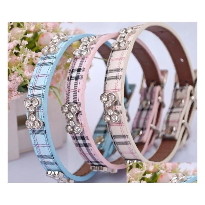 50pcs fashion classical plaid dog collar bandana adjustable leather pet puppy collars bling rhinestones bone diamond