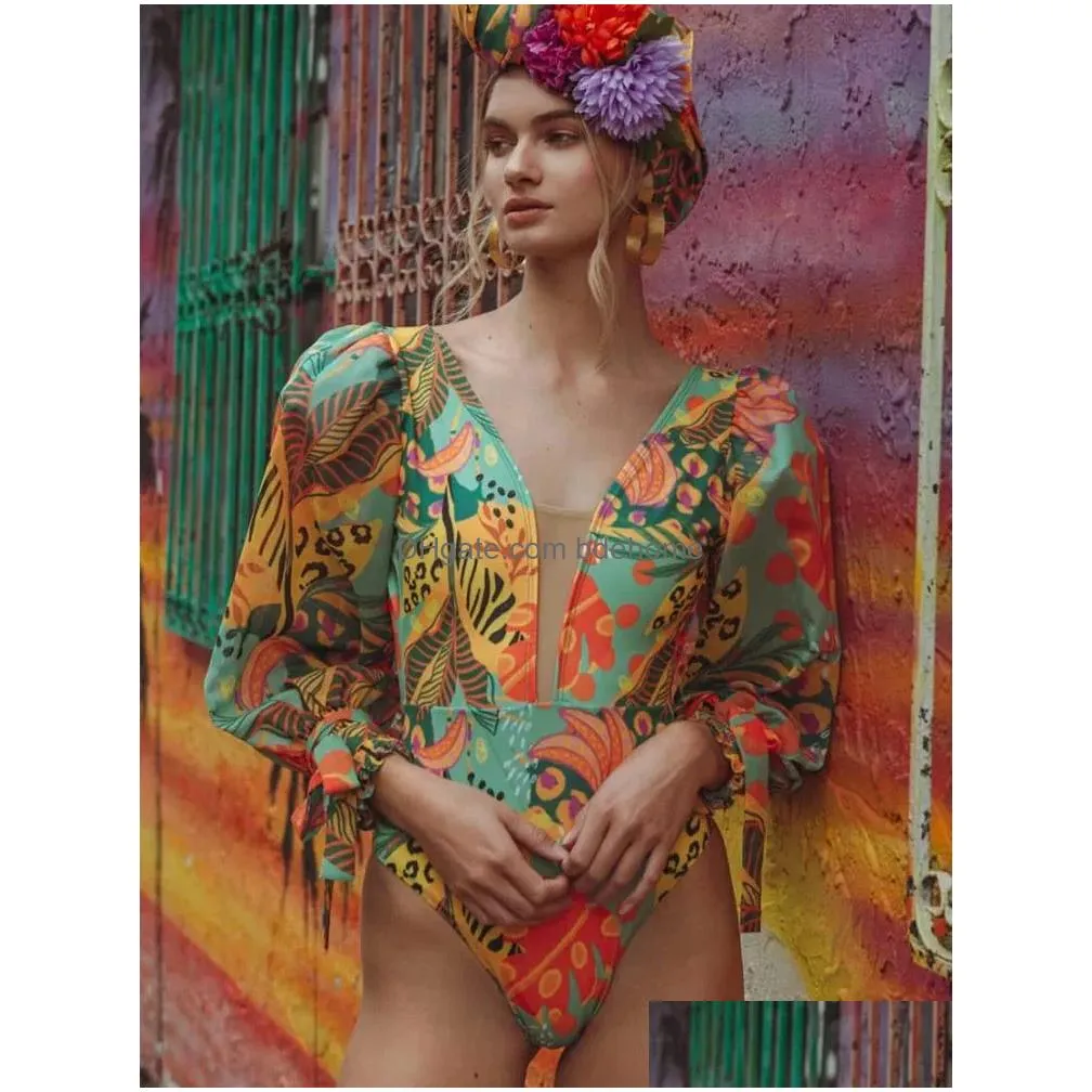 Swim Wear Suits 2022 Printed One Piece Swimsuit Women Swimming Suit Long Sleeves Swimwear Female Monokini Cut Out Bathing Onepiece Dro Dh3Ds