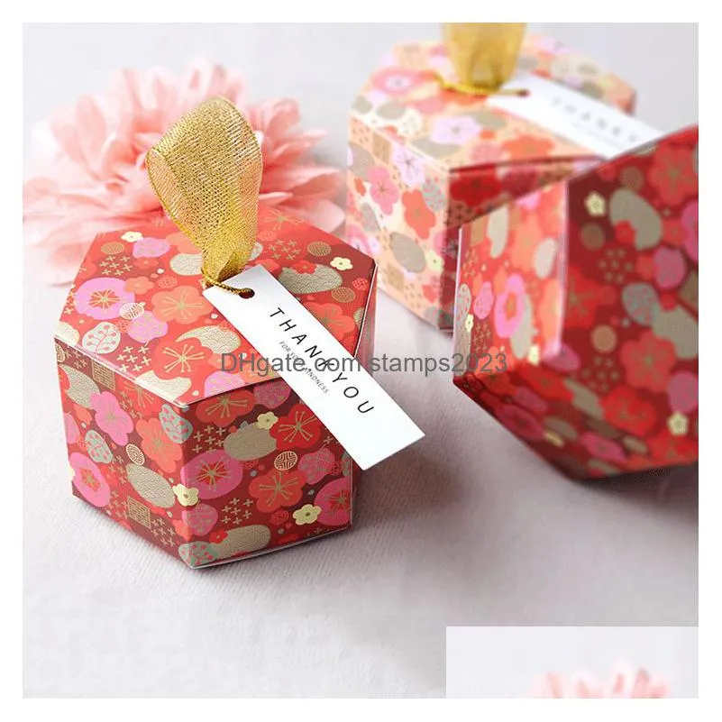 Gift Wrap 6 Patterns Hexagon Plum Blossom Cherry Flower Pattern Paper Candy Box Wedding Favor And Party Decoration Customizable Drop Dhxjk