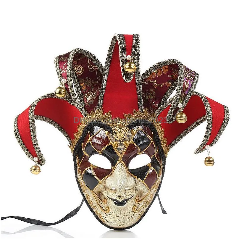 Party Masks Partys Fl Face Men Women Venetian Theater Jester Crack Masquerade Mask With Bells Mardi Gras Party Ball Halloween Cosplay Dh51D