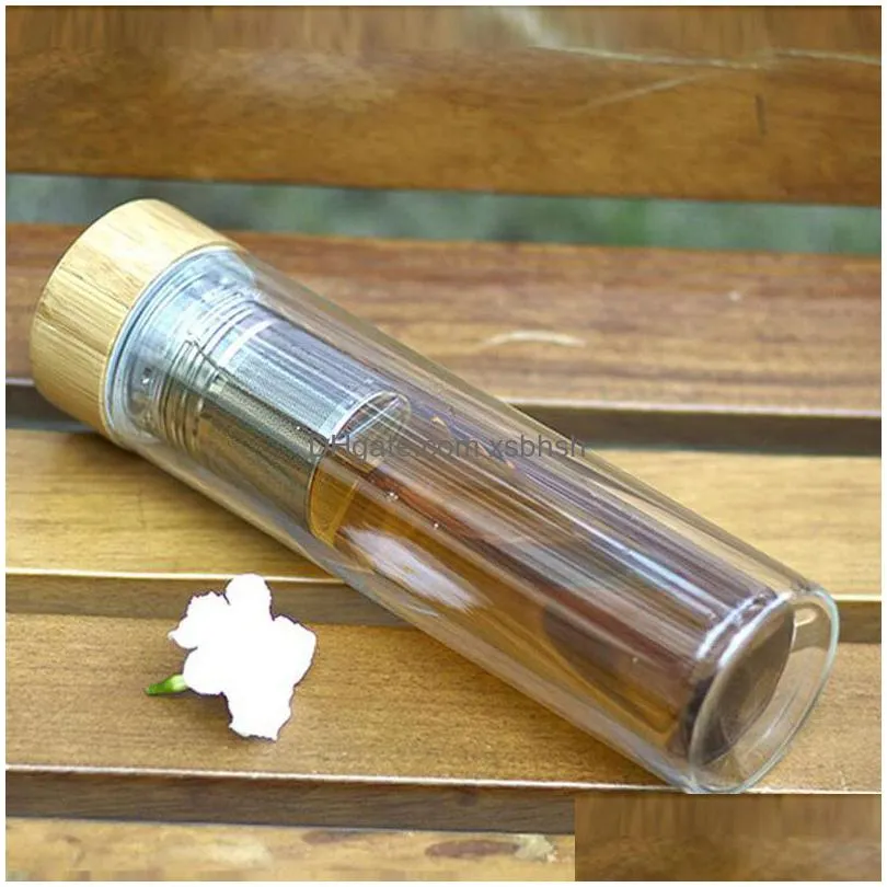 25pcs high boron silicone double layer bamboo cover glass bottle water bottles with tea funnel thick heat insulation