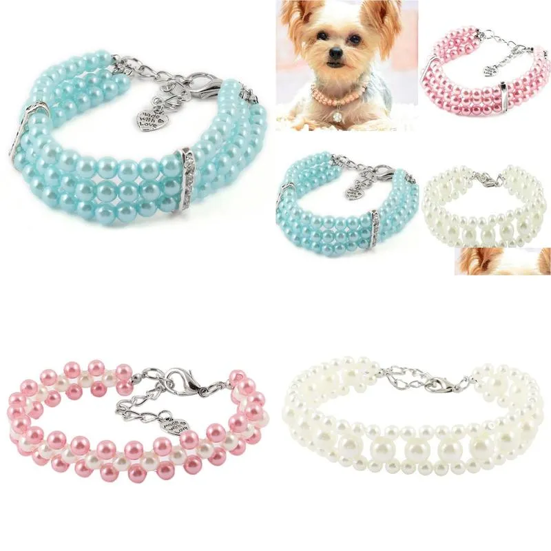 50pcs three rows pearl linked beads pet dog heart pendant puppy collar necklace ring