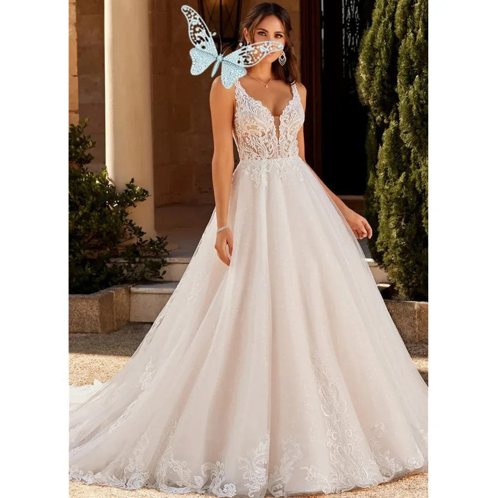 Backless Floral Wedding Dresses Exquisite A-line V Neck Bridal Gowns Applique Tulle Brides Gowns for Women Plus Size YD