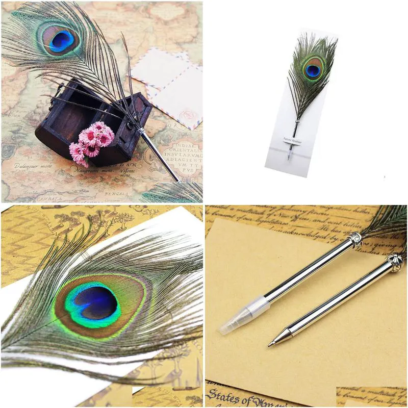 wholesale feather ballpoint pen color ink pen stationery peacock feathers shape pens for individuality student christmas birthday gift 11