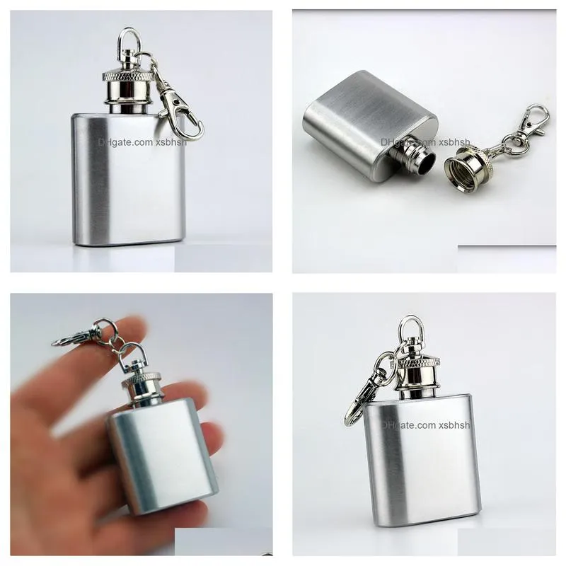 100pcs 1oz mini hip flask strap stainless steel metal portable pocket flagon alcohol wine bottle with keychain