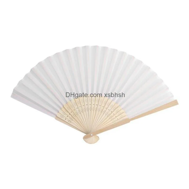 100pcs 21cm hand held fan white paper fan bamboo folding fans handheld folded fan for church wedding gift party favors sn2365