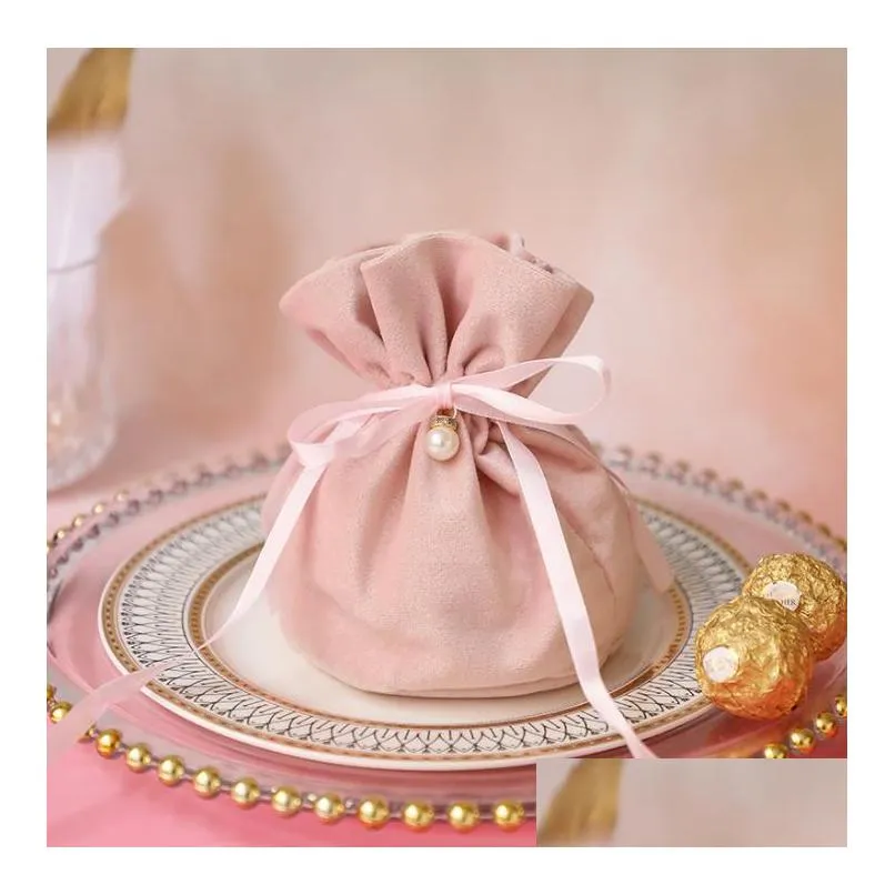 wholesale 12x9cm multifunction jewelry gift bag drawstring sweet candy pouch velvet drawstring bags baby shower wedding favors sn2130