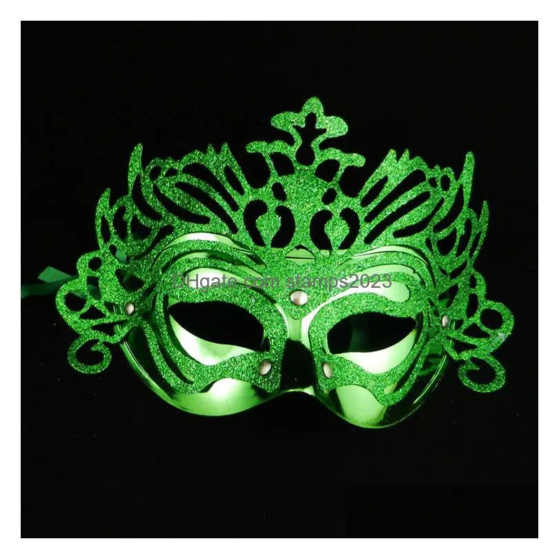 Party Masks 8 Colors Fashion Women Hallowmas Electroplating Gold Crown Venetian Eye Mask With Powder Masquerade Easter Drop Delivery Dhvtw