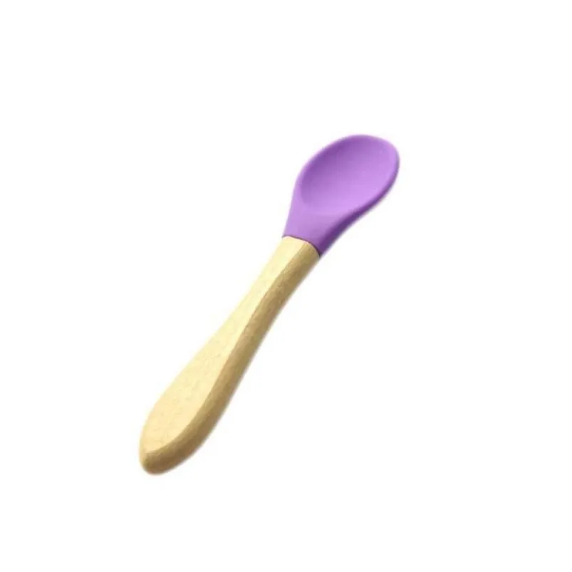 2021 baby feeding silicone scoop baby soft-headed spoons wooden silicone spoon wooden handle flatware for toddlers and infants