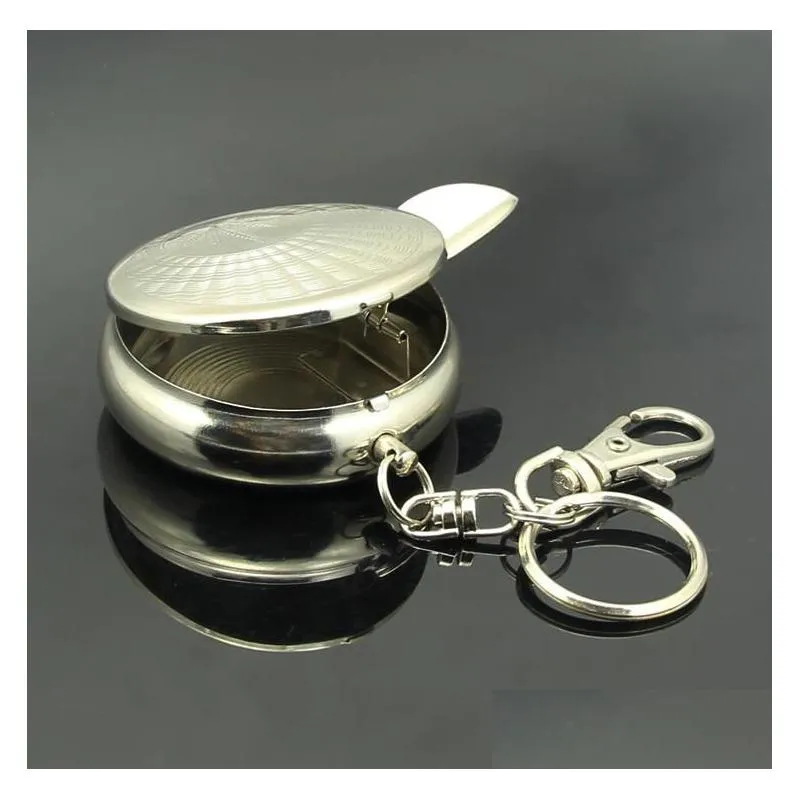 100pcs portable pocket stainless steel round cigarette ashtray key chain with keychain ring dhs fedex sn2303