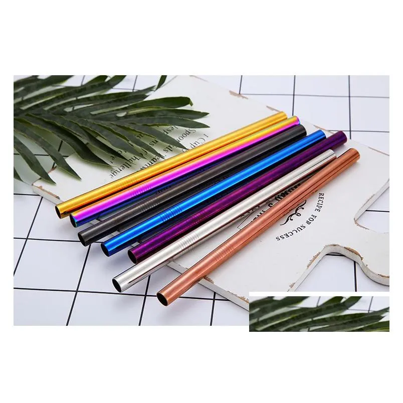 Drinking Straws 215X12Mm Stainless Steel St 7 Colors Colorf Drinking Reusable Straight Large Sts For Juice Coffee Laser Logo Drop Deli Dhgda