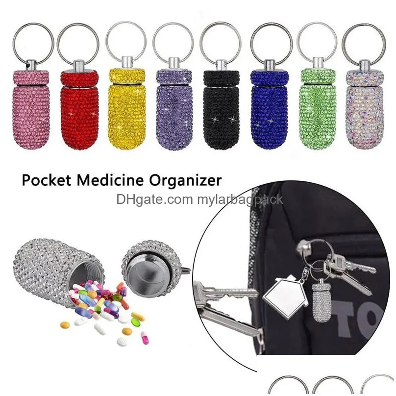 Accessories Bling Diamond Aluminum Alloy Rhinestone Medicine Case Pill Container Pocket Organizer Storage Bottle With Keychain Box Tab Dhkxd