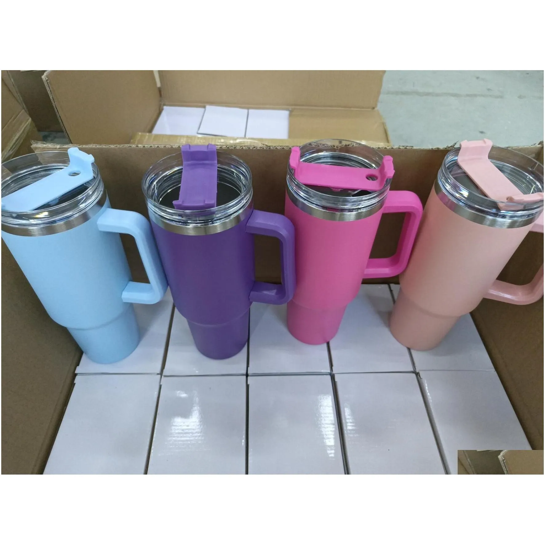 1PC US STOCK 40oz Hot Pink Stainless Steel tumbles with colorful Handle and Straw Reusable Insulated travel Tumbler big capacity Water Bottle Cup