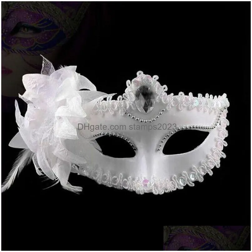 Party Masks Fashion Women Y Mask Hallowmas Venetian Eye Masquerade Masks With Flower Feather Easter Dance Party Holiday Drop Drop Deli Dhiwv