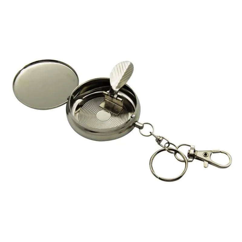 100pcs portable pocket stainless steel round cigarette ashtray key chain with keychain ring dhs fedex sn2303