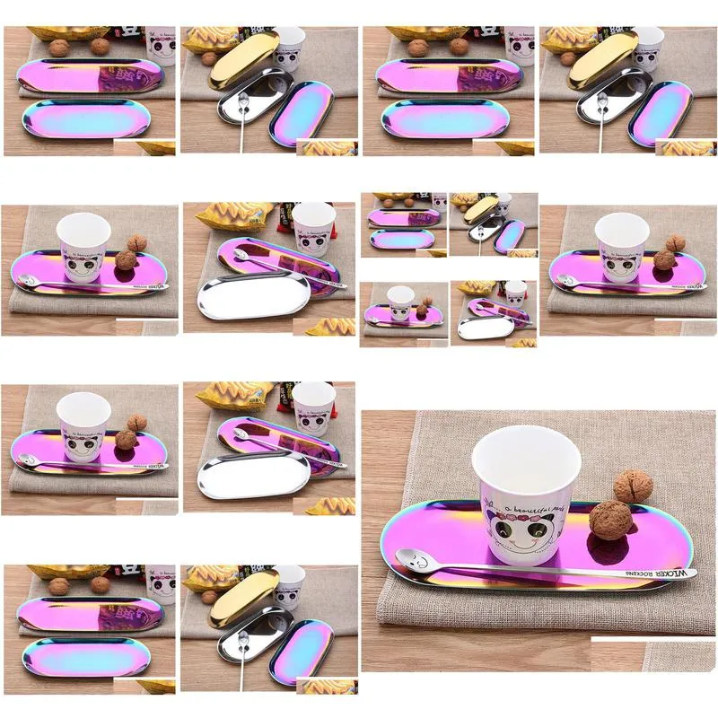 Dishes Plates 100Pcs Practical Colorf Metal Tray Gold Oval Dotted Fruit Plate Small Items Jewelry Display Drop Delivery Home Garden Dhers