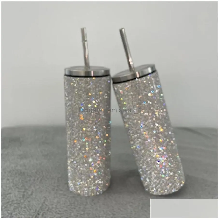 20oz bling diamond thermos bottle coffee cup with straw stainless steel water bottle tumblers mug girl women gift 211020326x