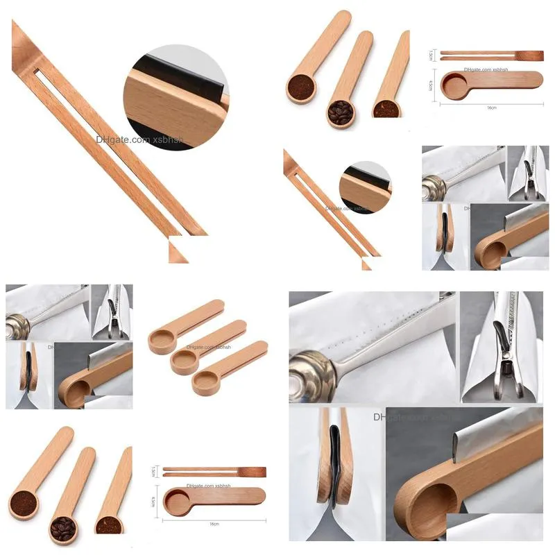 100pcs/lot wood coffee scoop with bag clip tablespoon solid beech wood measuring scoop tea coffee bean spoon clip gift sn2198