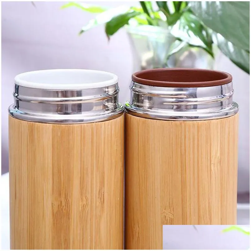 Cups & Saucers Bamboo Thermos Insation Cup Ceramic Liner Purple Sand Stainless Steel Business Souvenirs Gift Drop Delivery Home Garden Dhnjc