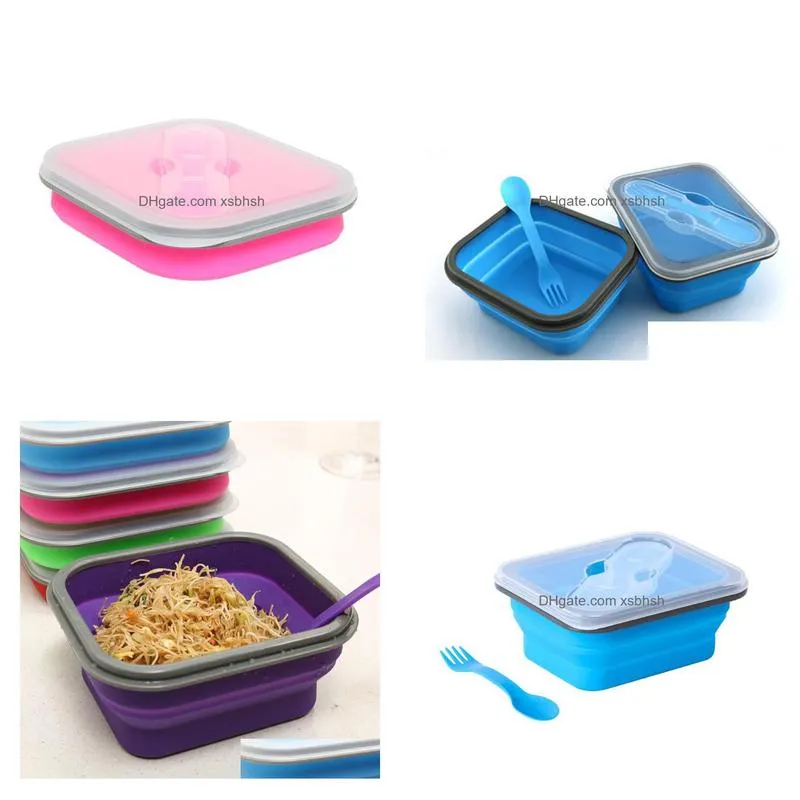 600ml silicone collapsible lunch box set portable bento boxes bowl folding picnic storage container lunchbox with spoon sn2257