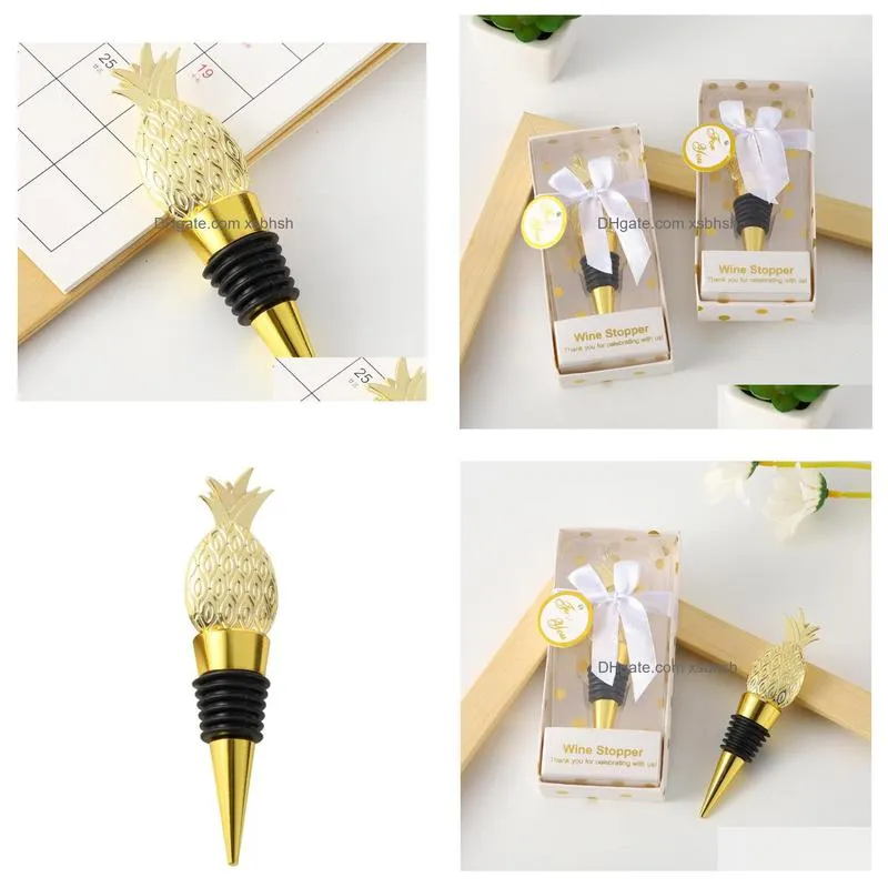 100pcs tropical wedding favors gold pineapple wine bottle stopper in gift box party decorative wine stoppers sn2270