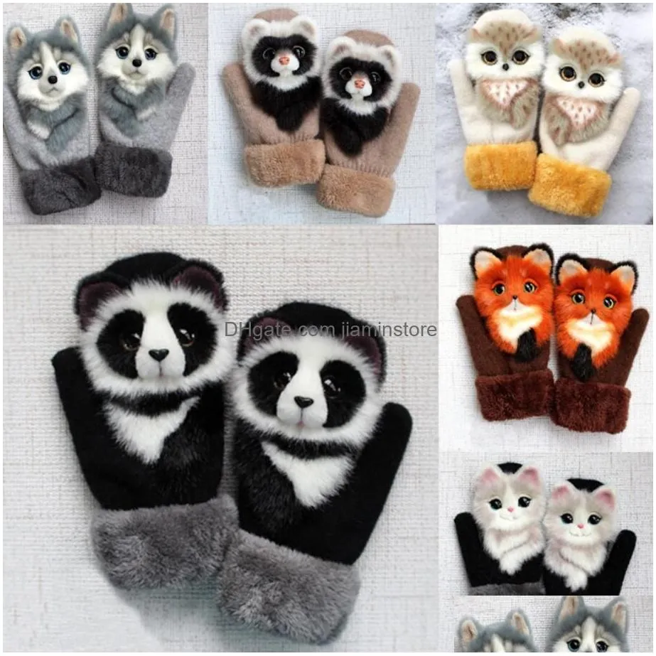 Mittens Winter Knit Gloves Cute 3D Fluffy Cartoon Animal Decor Thickened P Lining Windproof Thermal Warm Mittens Outfit Drop Delivery Dh4Tt