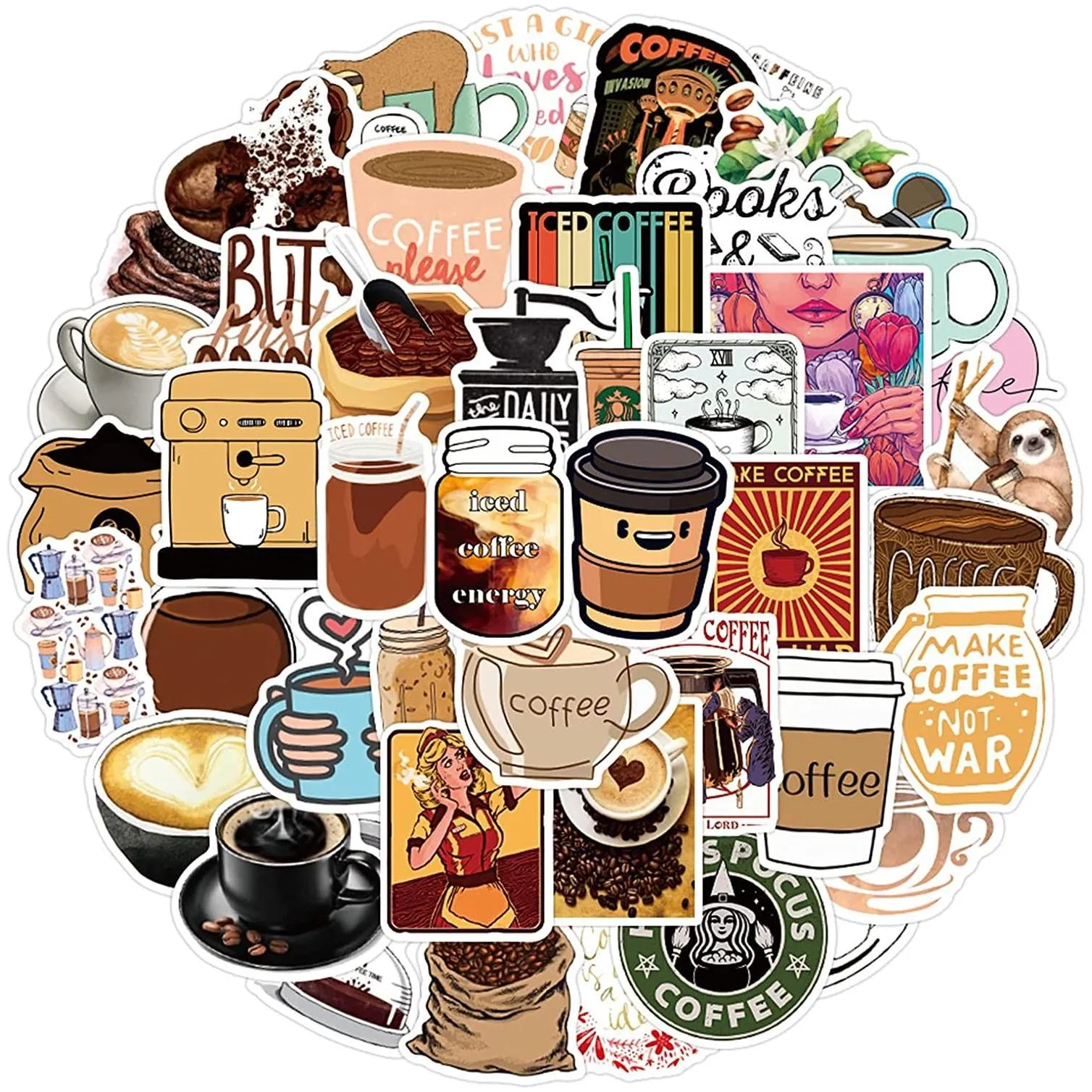50pcs coffee stickers waterproof vinyl funny cartoon sticker skate accessories for skateboard laptop luggage bicycle motorcycle phone car decals party