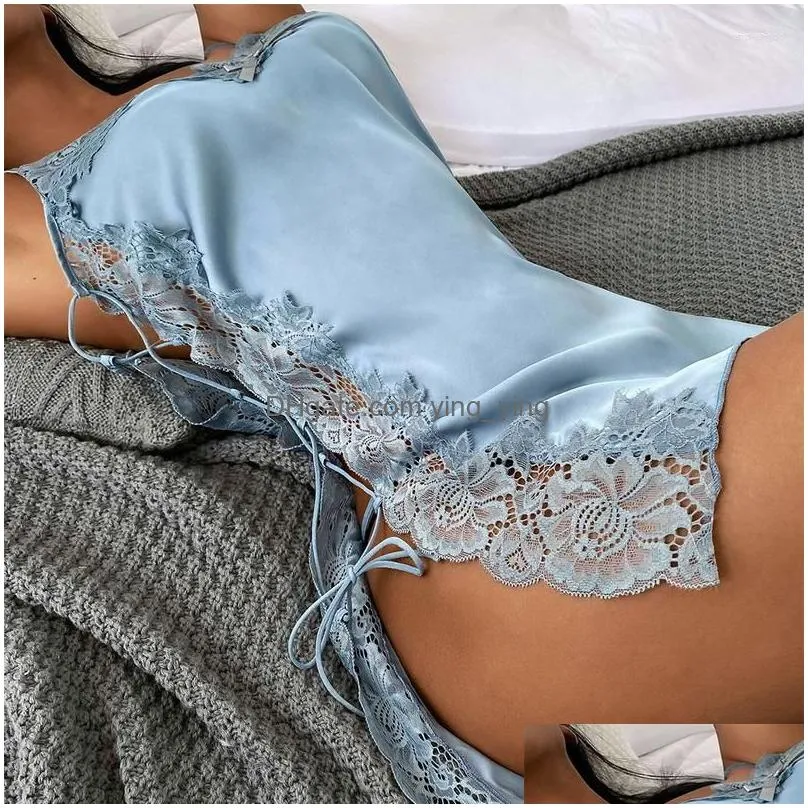 womens sleepwear summer women sexy pajama nightgown erotic satin comfy sleepdress side bandage hollow out lingerie lace low-cut thin