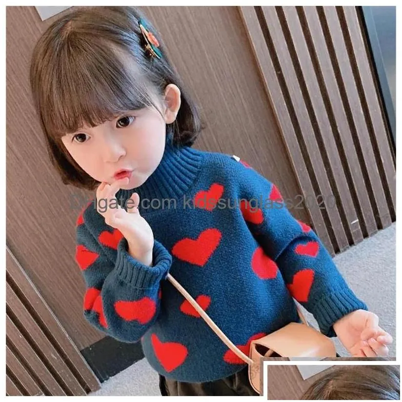 pullover girls love heart knitted sweater plover 2022 spring kids high collar long sleeve tops valentines day children princess clot