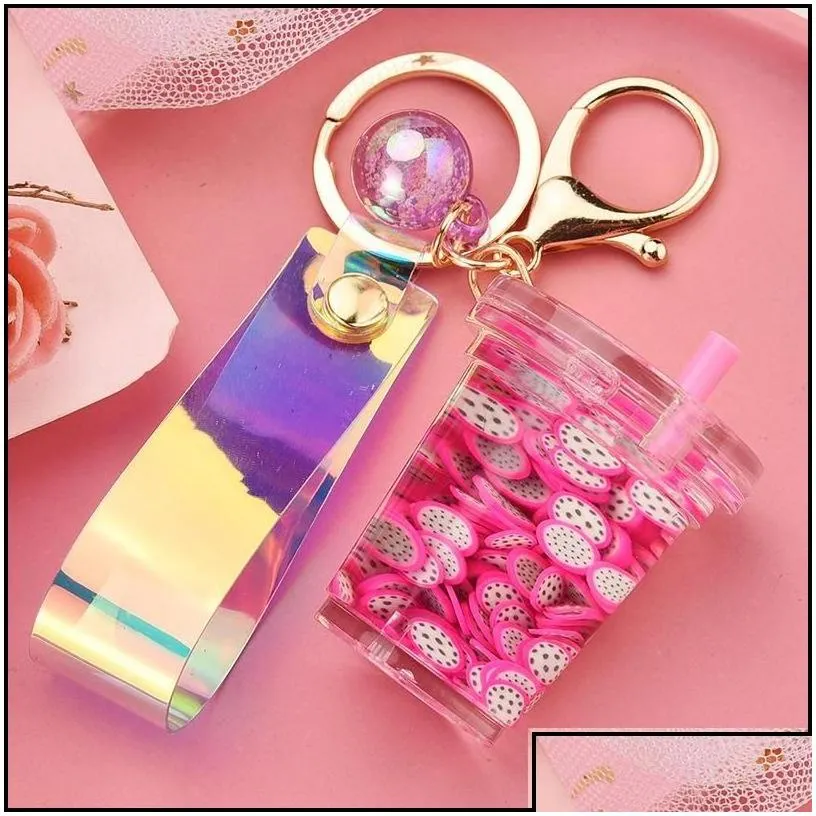 decompression toy decompression toy creative milk tea cup simation fruit piece floating leather rope keychain pendant cute girl bag