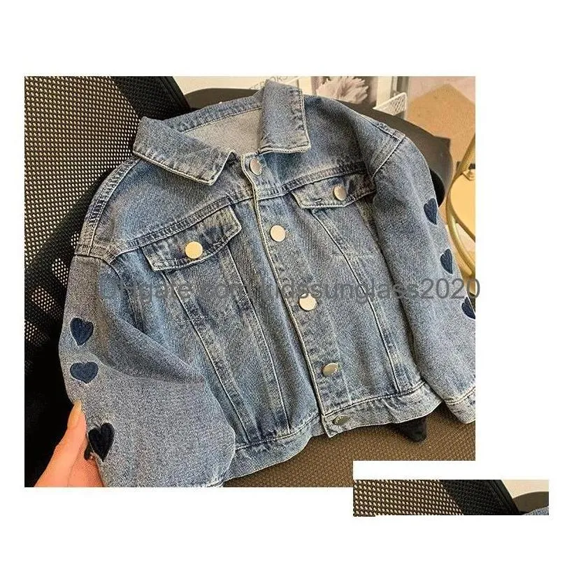 jackets girls love heart embroidery denim jacket kids lapel single breasted long sleeve outwear fashion children casual clothes q917