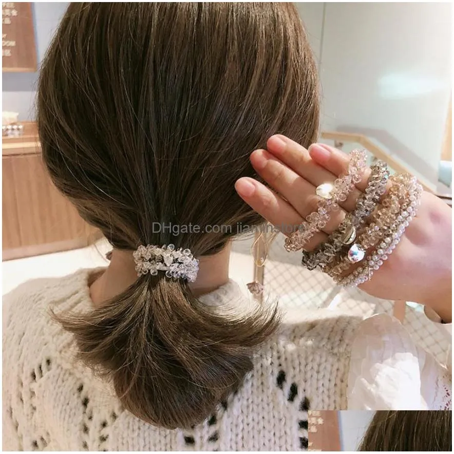 Pony Tails Holder Fashion Women Crystal Hair Ties Pearl Elastic Hairband Girls Scrunchies Rubber Band Accessories Headwear Ornament 5 Dheg0