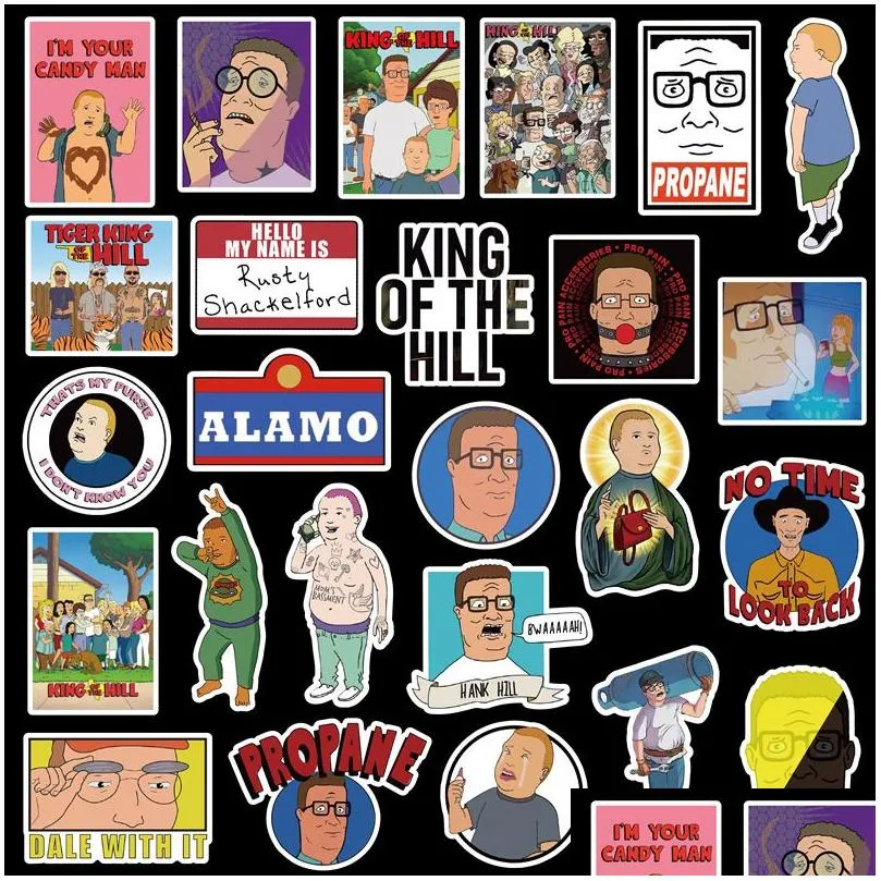 50pcs king of the hill stickers skate accessories for skateboard laptop water bottles laptop car cup computer mobile phone decor kids gifts