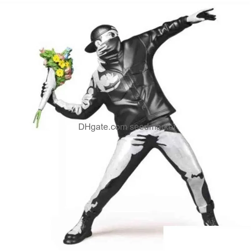 modern art banksy flower bomber resin figurine england street sculpture statue polystone figure collectible 211229