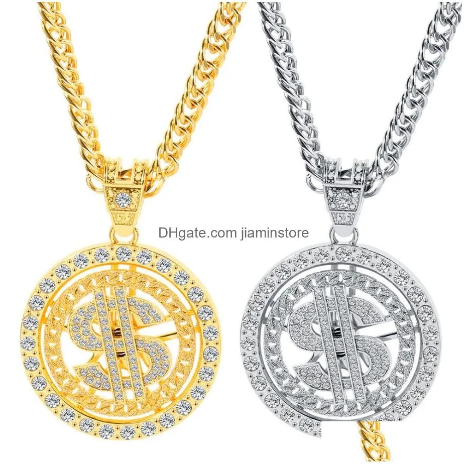 Pendant Necklaces Gold Plated Cuban Chain Necklaces Hip Hop Rap Singer Money Dollar Sign Pendant Necklace For Women Men Girls Choker J Dhj3Y