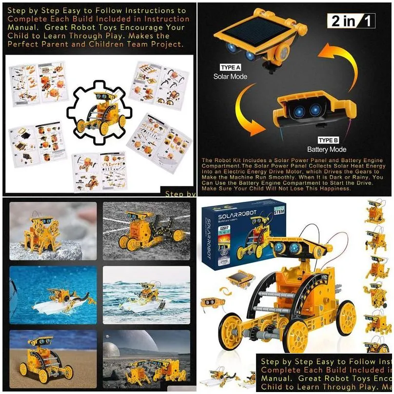 stem toys stem robot toys assembly kit 12 in 1 educational diy science building set 190 pieces solar and cell powered 2 drop deliver