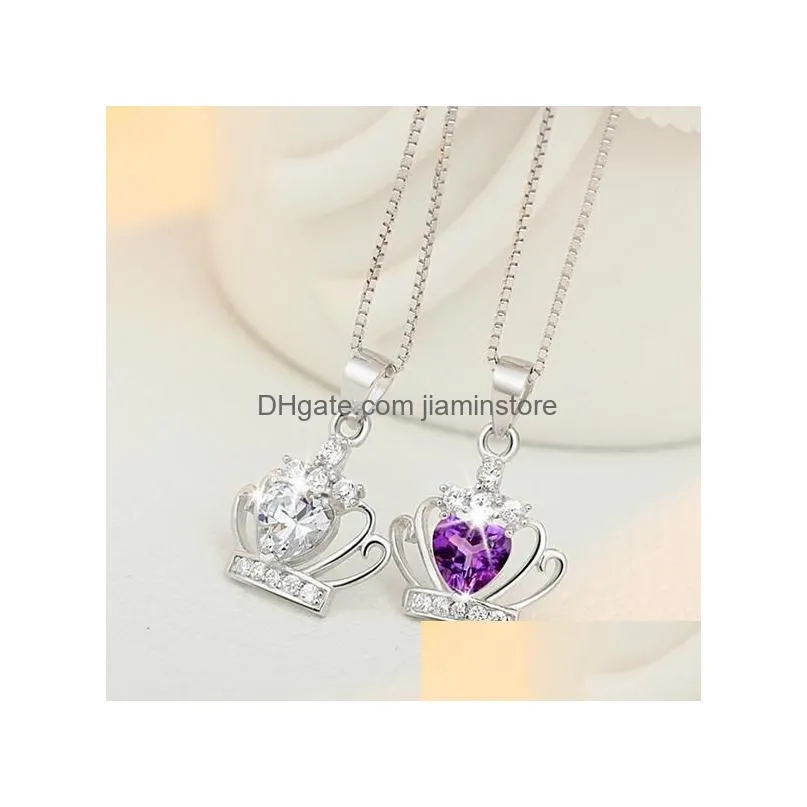 Pendant Necklaces Classic Crown Pendant Necklace Fashion 925 Sterling Sier Austrian Crystal Purple/Sier Water Wave Drop Delivery Jewel Dhsjd