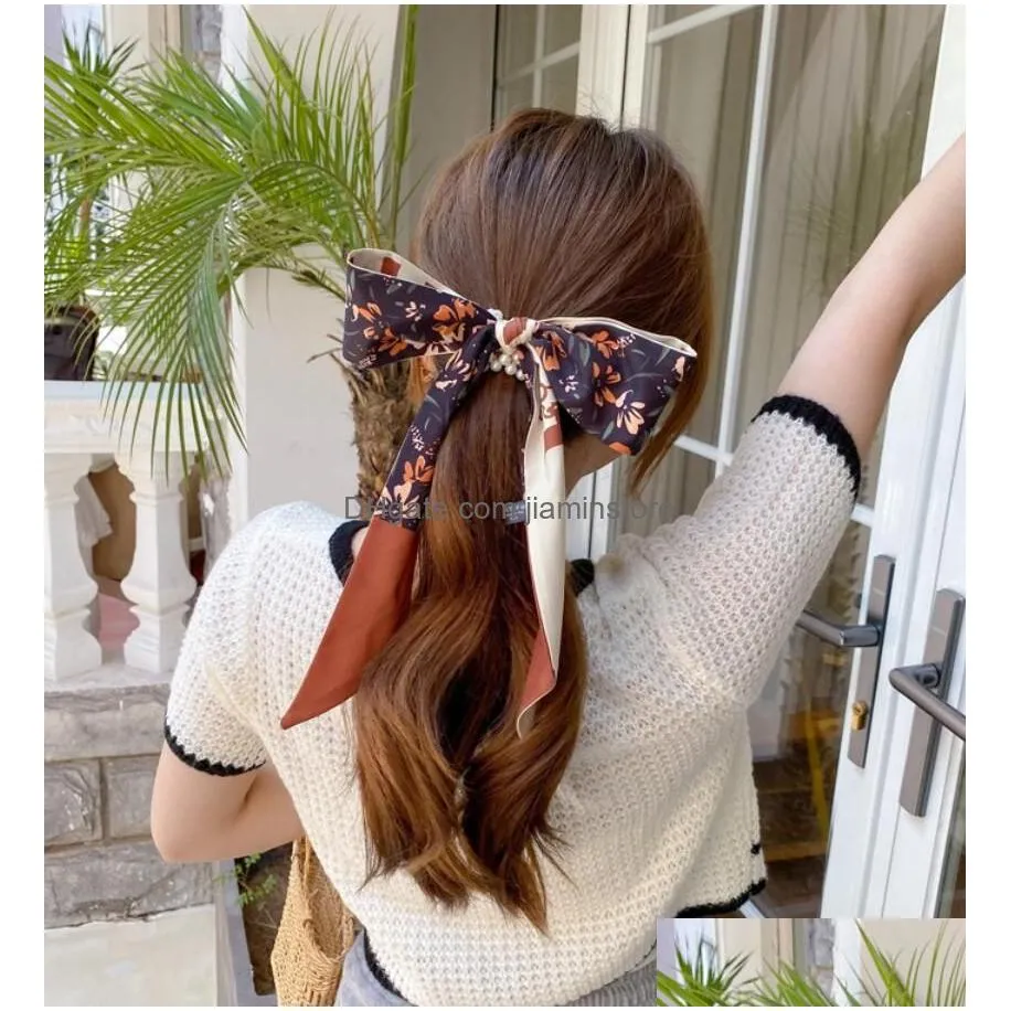 Headbands Fashion Korea Long Ribbon Pearls Hair Bands Headbands Bow Scrunchies For Women Girls Summer Floral Print Pontail Ties Drop Dhwox