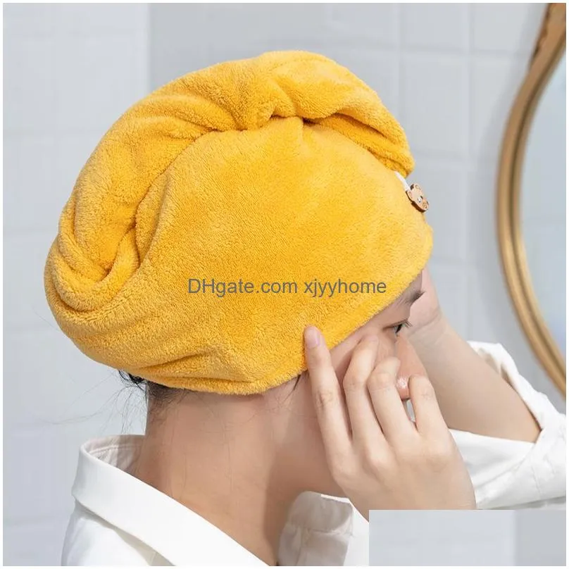 Towel Fast Drying Hair Care Cap With Button Microfiber Super Absorbent Wrap For Women Bathroom Accessories Drop Delivery Home Garden H Dhiq0