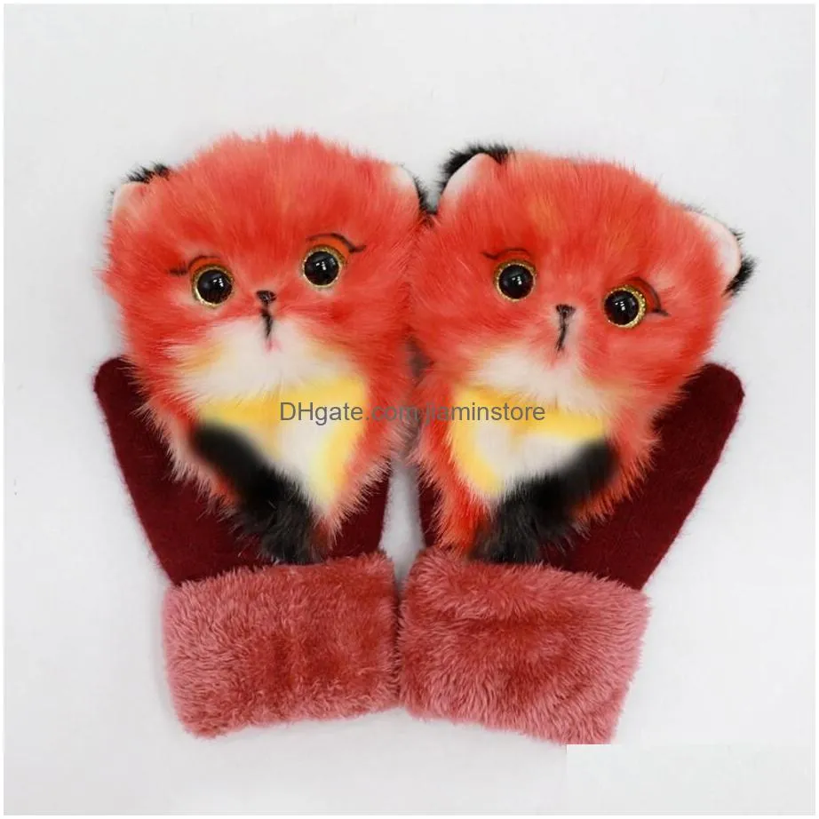 Mittens Winter Knit Gloves Cute 3D Fluffy Cartoon Animal Decor Thickened P Lining Windproof Thermal Warm Mittens Outfit Drop Delivery Dh4Tt