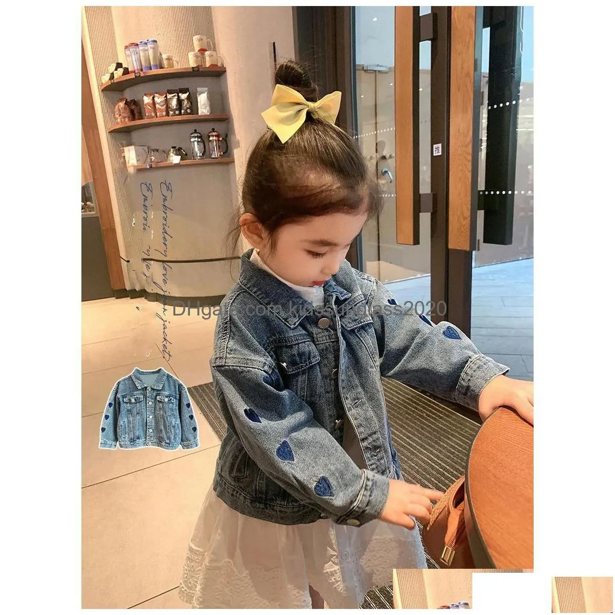 jackets girls love heart embroidery denim jacket kids lapel single breasted long sleeve outwear fashion children casual clothes q917