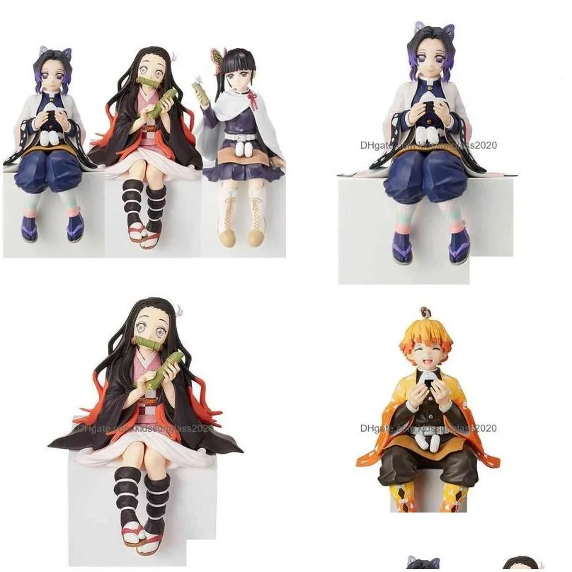 action toy figures demon slayer figure nezuko tanjirou shinobu zenitsu hashibira inosuke eat rice balls pvc figurine kimetsu no ya